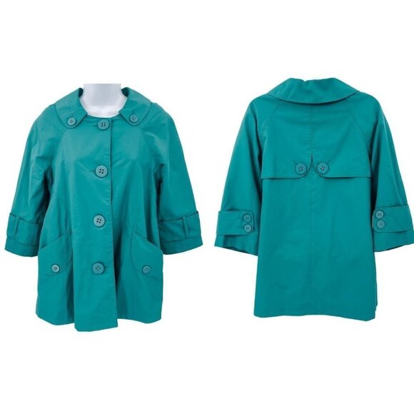 Anthropologie Tulle Teal Rain Coat Jacket Big Buttons Peter Pan Collar Small - Picture 1 of 8